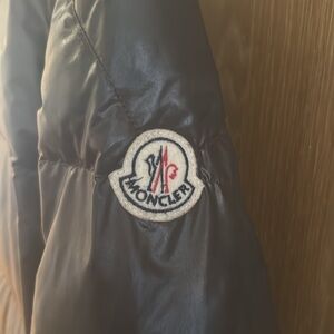 Moncler Women's grey/green long puffer coat, size 2. Good condition.